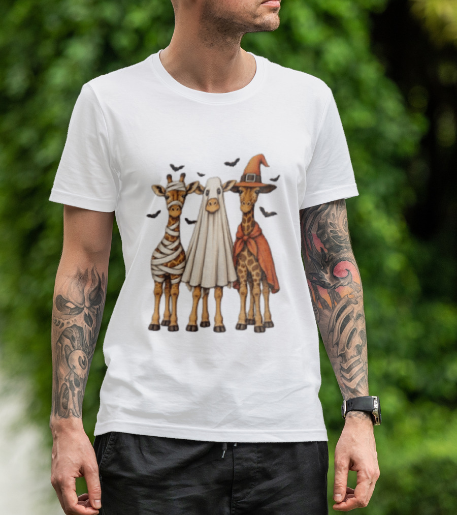 Giraffe Costume Halloween Mummy Ghost Witch Trio T-Shirt