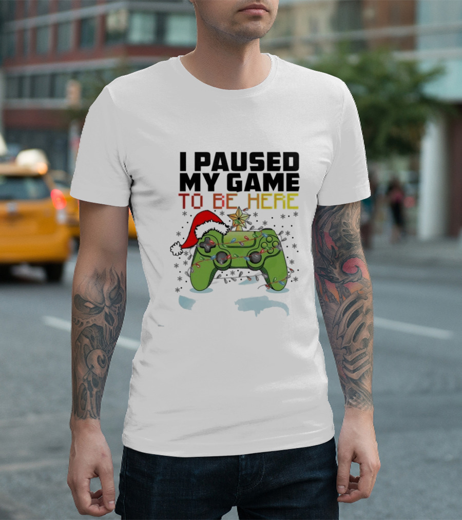 I Paused My Game To Be Here Christmas Gamer Controller Holiday Lights Santa Hat T-Shirt