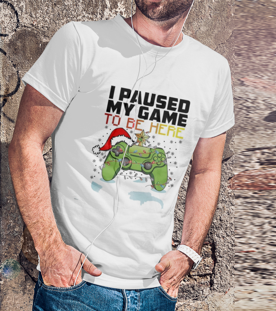 I Paused My Game To Be Here Christmas Gamer Controller Holiday Lights Santa Hat T-Shirt
