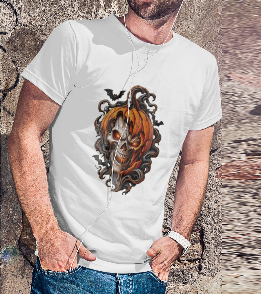Skull Rage Halloween Pumpkin With Bats And Flames T-Shirt