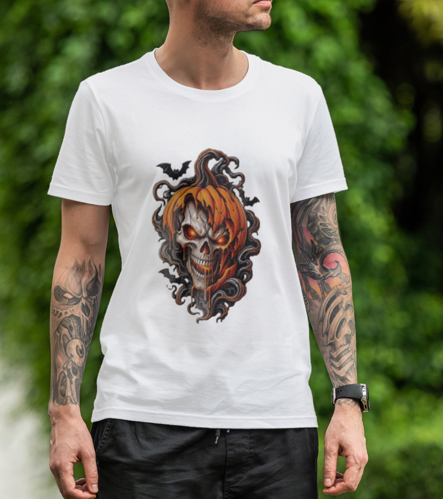Skull Rage Halloween Pumpkin With Bats And Flames T-Shirt