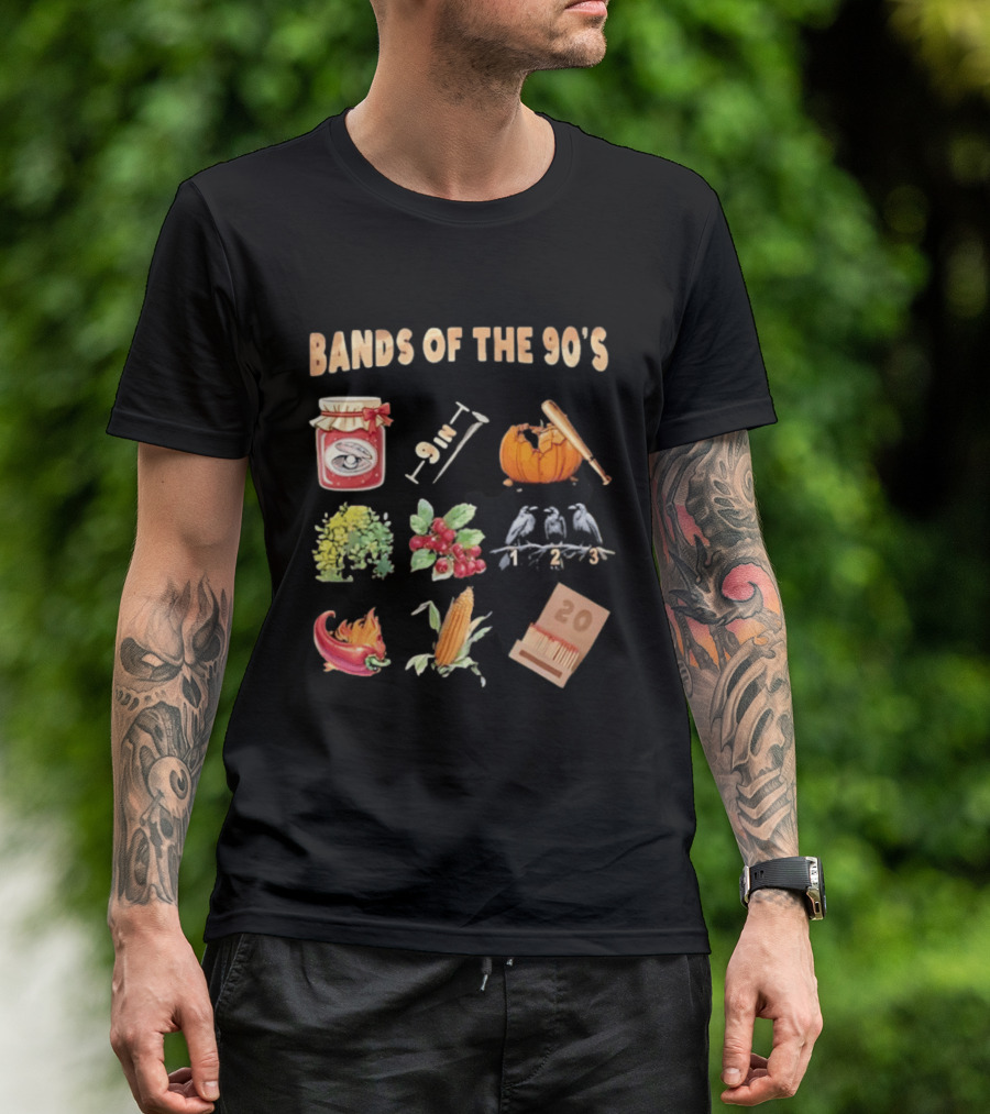 Bands Of The 90's Jar Corn Crows Matches Pumpkin 9in Chili Peppers Bush Berries T-Shirt