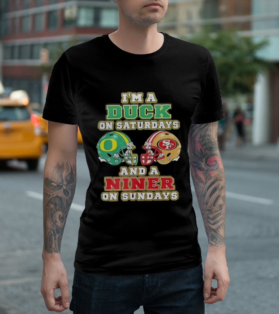 I'm A Duck On Saturdays And A Niner On Sundays Helmet T-Shirt