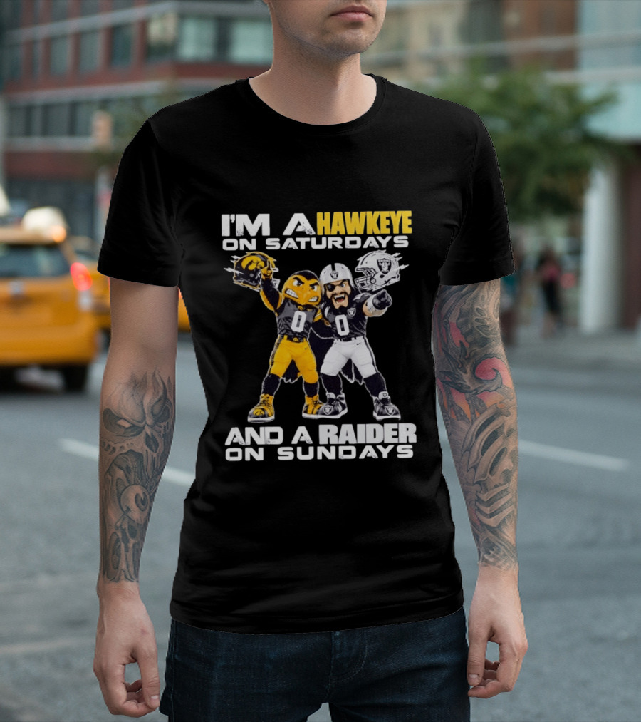 I'm A Hawkeye On Saturdays And A Raider On Sundays Iowa Hawkeyes Las Vegas Raiders Football Mascots T-Shirt