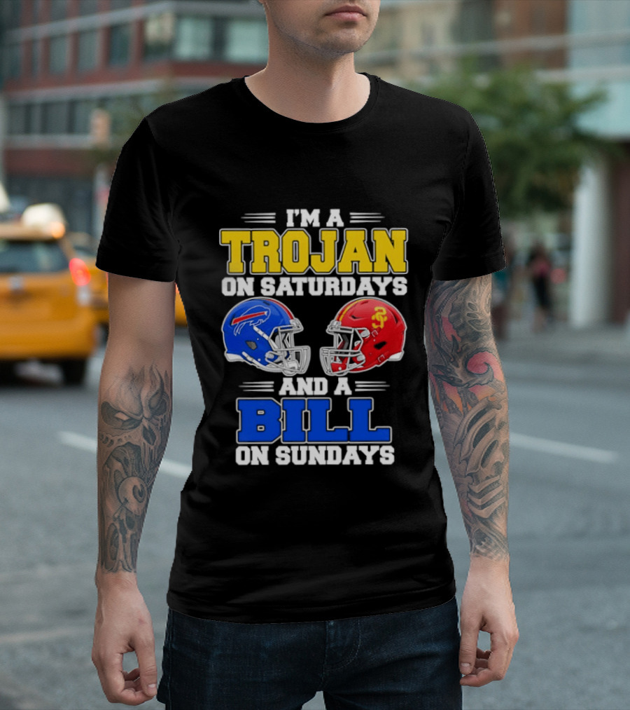 I'm A Trojan On Saturdays And A Bill On Sundays USC And Buffalo Football Helmets T-Shirt