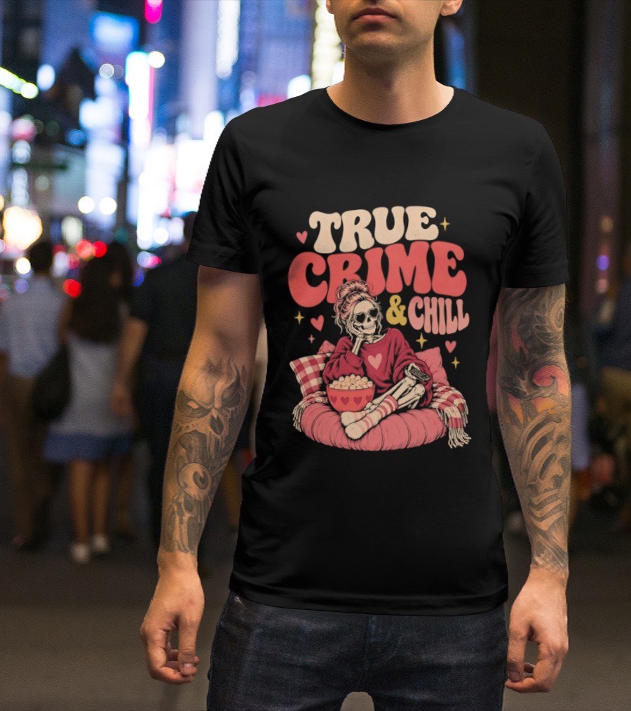 True Crime & Chill Skeleton Halloween 2026 Cozy Popcorn Vibes T-Shirt
