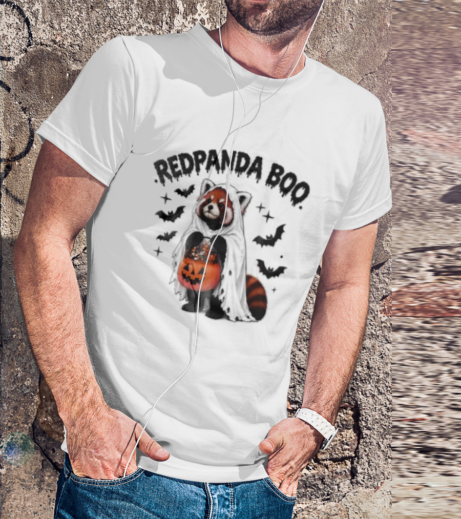 Redpanda Boo Cute Red Panda Costume With Pumpkin Candy Bucket And Bats T-Shirt