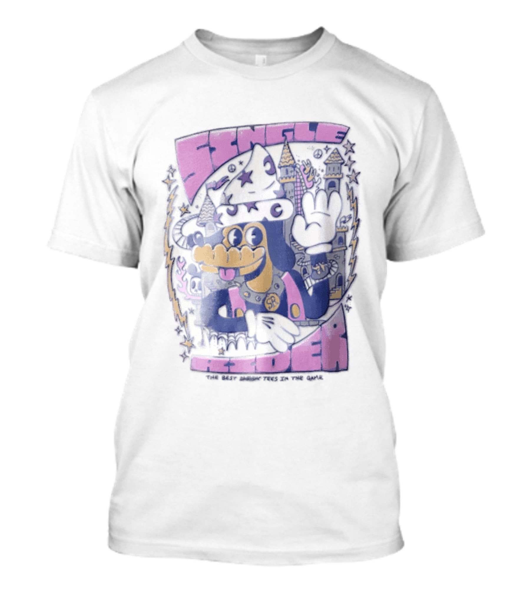 Single Rider Cartoon Dog Wizard With Hat And Spiked Collar Retro Fantasy Scene T-Shirt