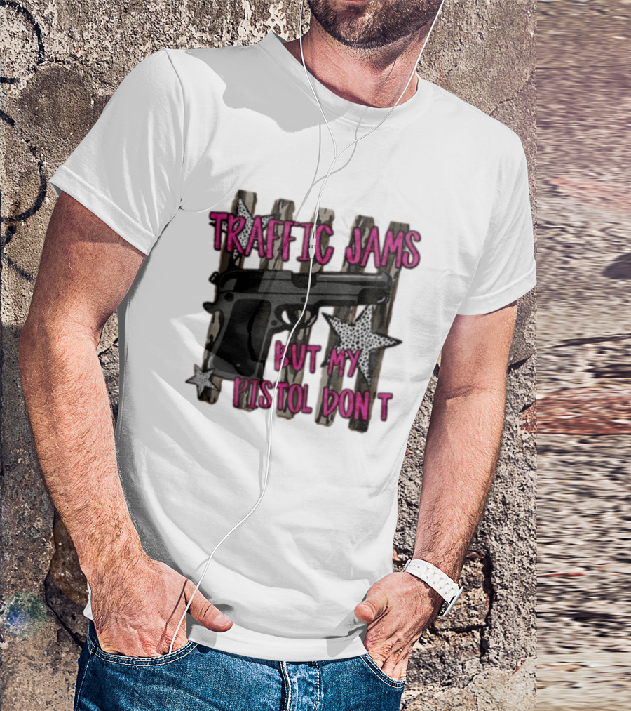 Traffic Jams But My Pistol Don't Handgun Over Stripes Leopard T-Shirt
