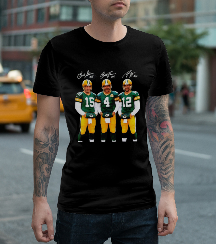 Bart Starr #15 Brett Favre #4 Aaron Rodgers #12 Green Bay Packers Signatures T-Shirt