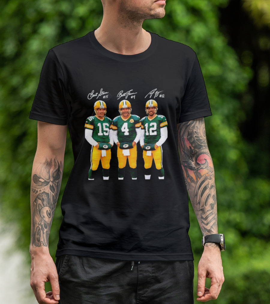 Bart Starr #15 Brett Favre #4 Aaron Rodgers #12 Green Bay Packers Signatures T-Shirt