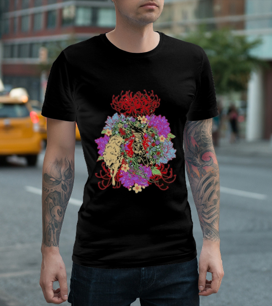 Beast Of Reincarnation Blooming Artistic Floral Samuraи Wolf Fusion T-Shirt