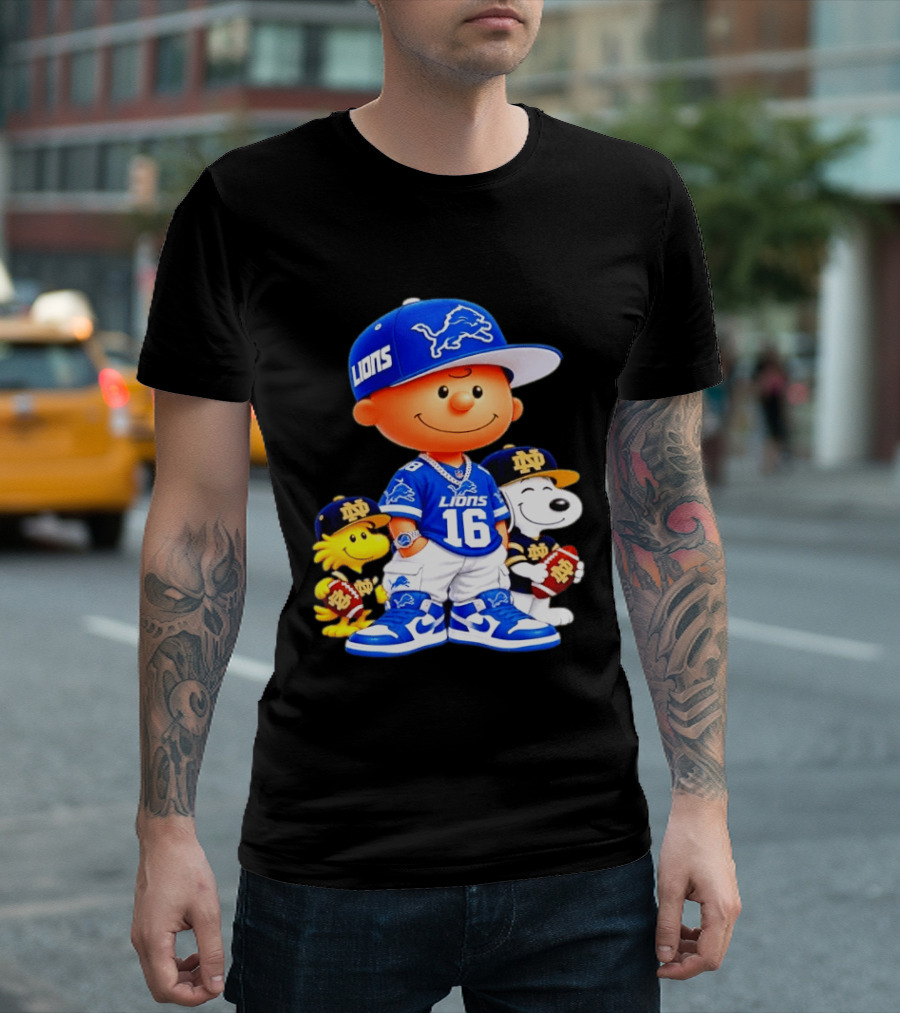 Charlie Brown Snoopy Woodstock Detroit Lions 16 Jersey Notre Dame Iconic Peanuts Characters T-Shirt