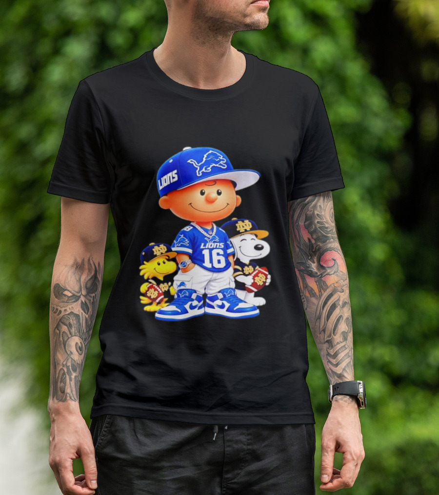 Charlie Brown Snoopy Woodstock Detroit Lions 16 Jersey Notre Dame Iconic Peanuts Characters T-Shirt