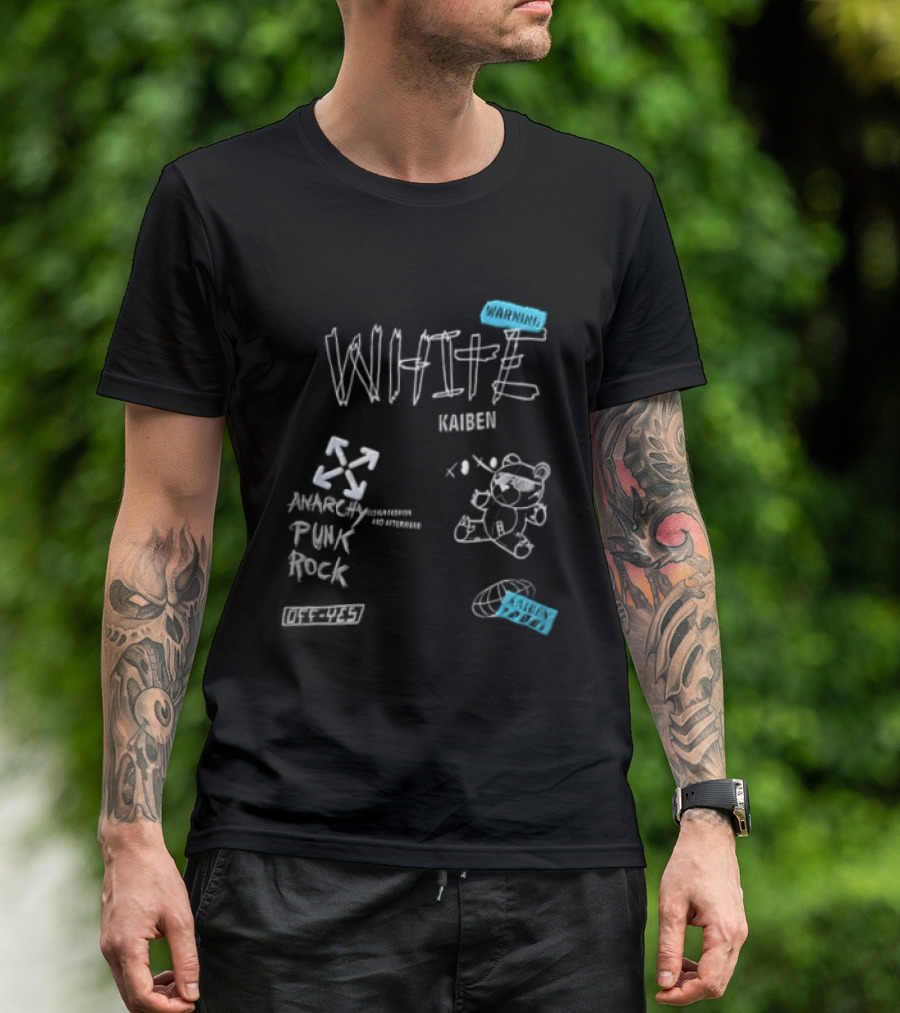 Kaiben White Cartoon Bear With Arrow Symbols And Blue Tape T-Shirt