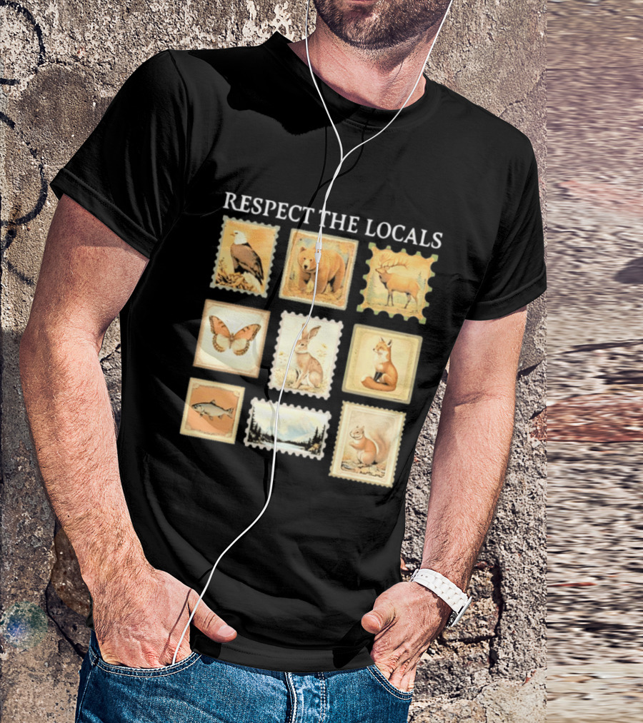 Respect The Locals Wildlife Stamp Collection With Bear Fox And Eagle T-Shirt
