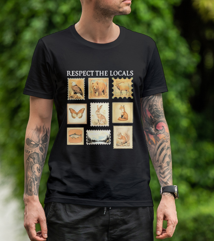 Respect The Locals Wildlife Stamp Collection With Bear Fox And Eagle T-Shirt