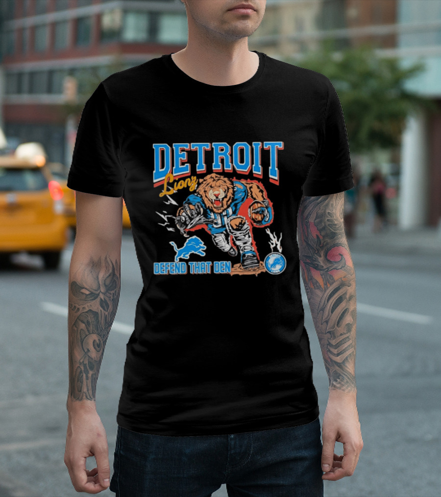 Detroit Lions Defend That Den Football Mascot Roaring Lion Action T-Shirt