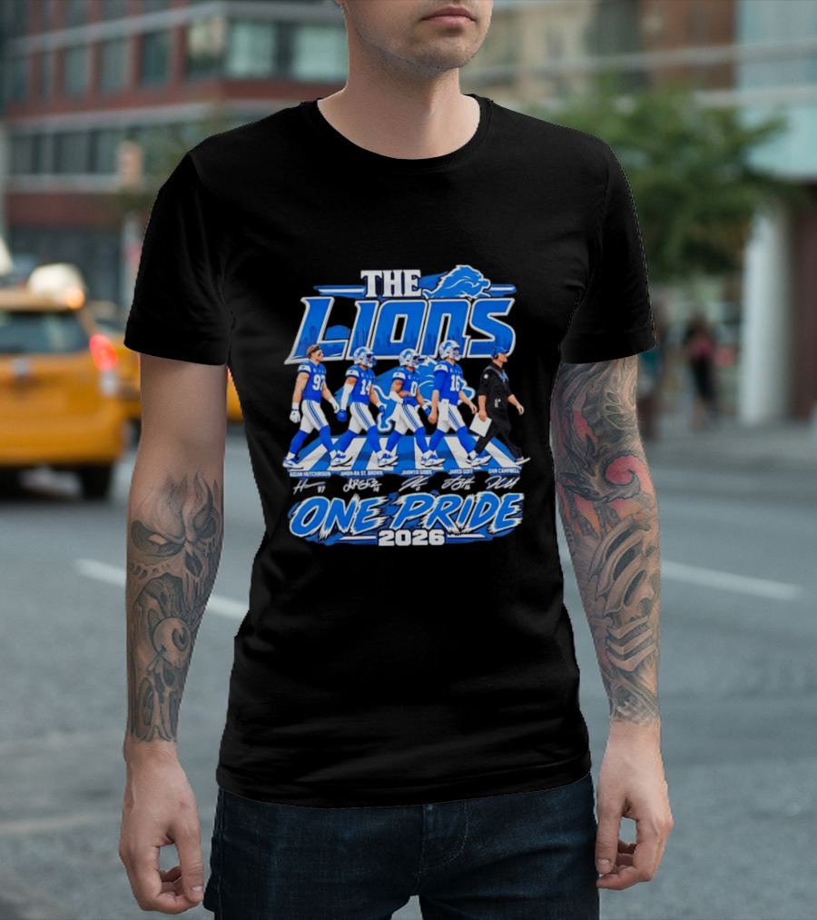 Detroit Lions The Lions One Pride Abbey Road 2026 Aidan Hutchinson Jahmyr Gibbs Jared Goff Dan Campbell T-Shirt