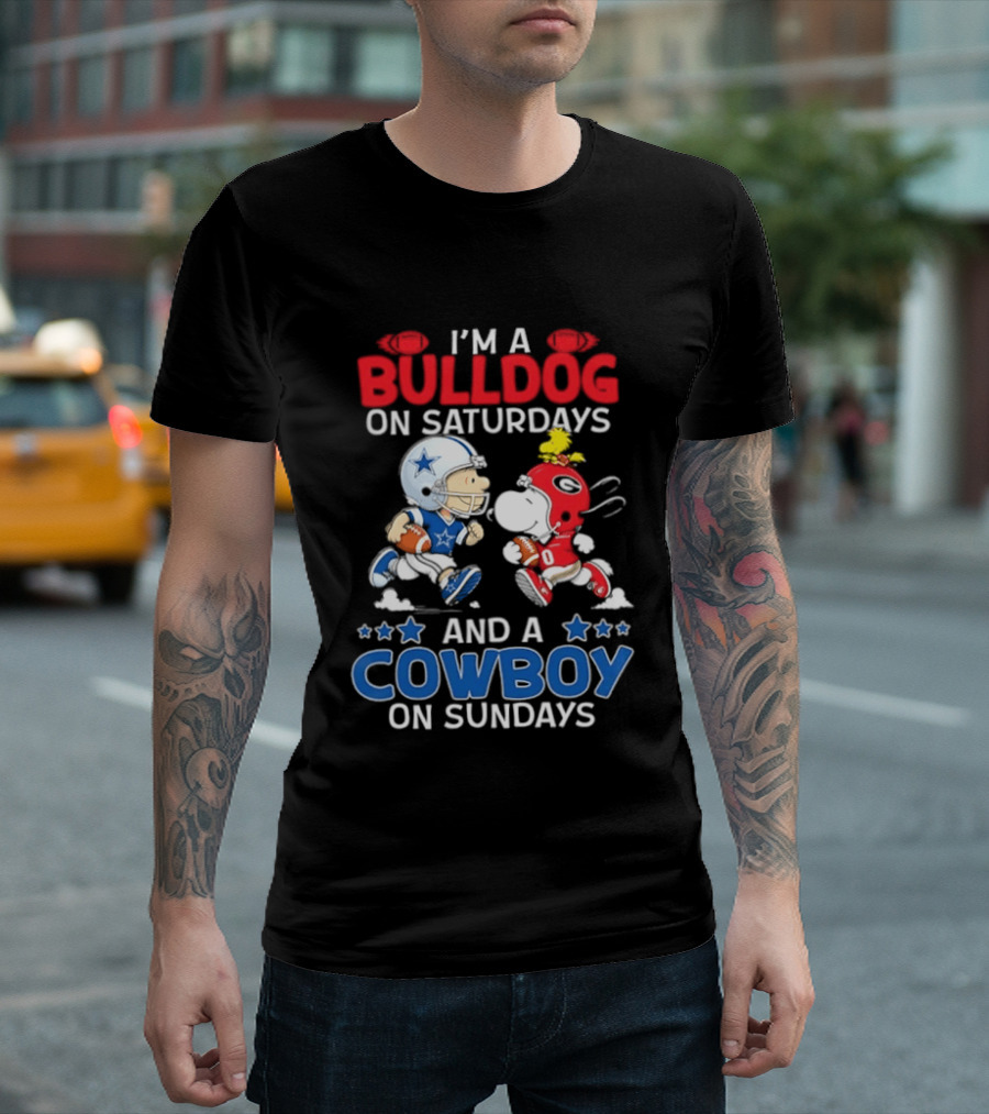 Snoopy And Charlie Brown Bulldog Saturdays Cowboy Sundays T-Shirt