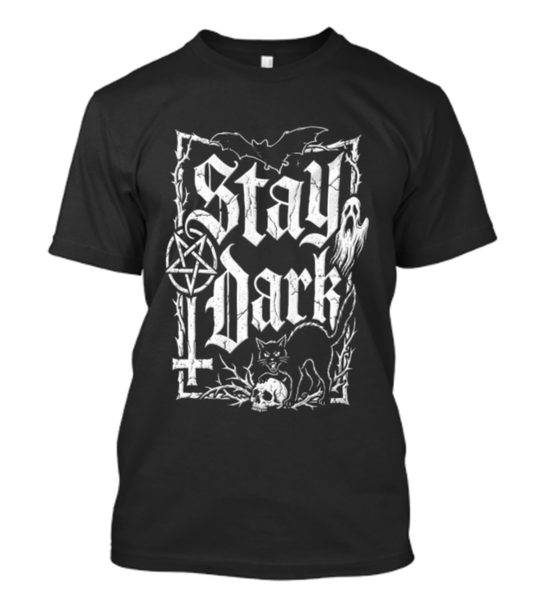 Stay Dark Gothic Bat Pentagram Ghost Black Cat Skull Thorns T-Shirt