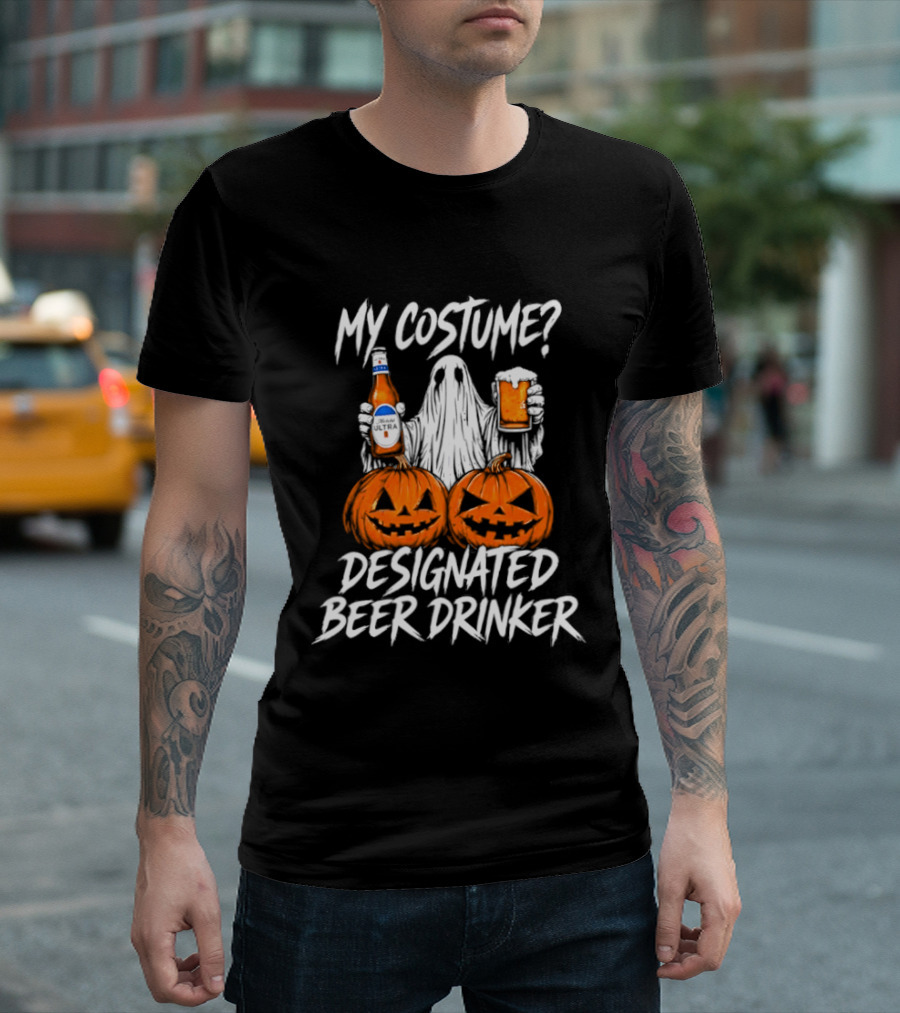 My Costume Designated Beer Drinker Ghost With Pumpkins Halloween T-Shirt