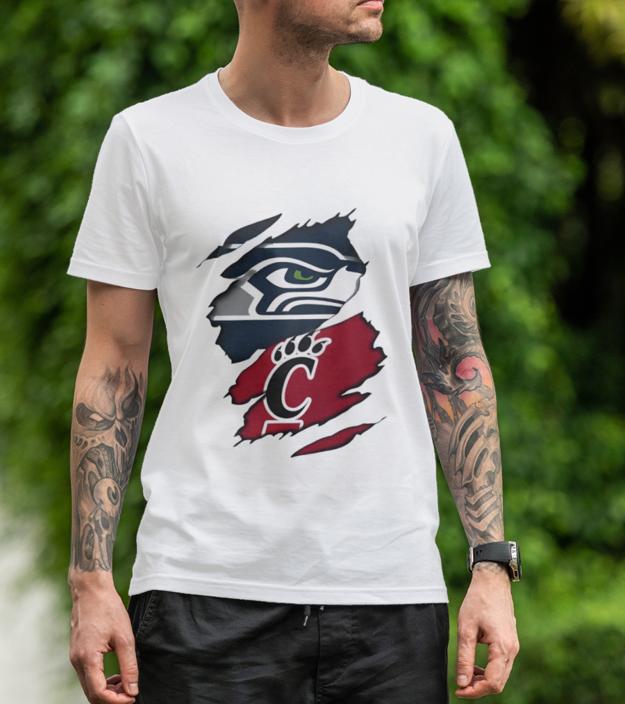 Seattle Seahawks Cincinnati Bearcats Ripped Fabric Fan T-Shirt