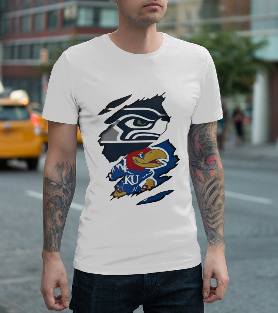 Seattle Seahawks And Kansas Jayhawks Torn Fabric Football And Basketball Fan Merchandise T-Shirt
