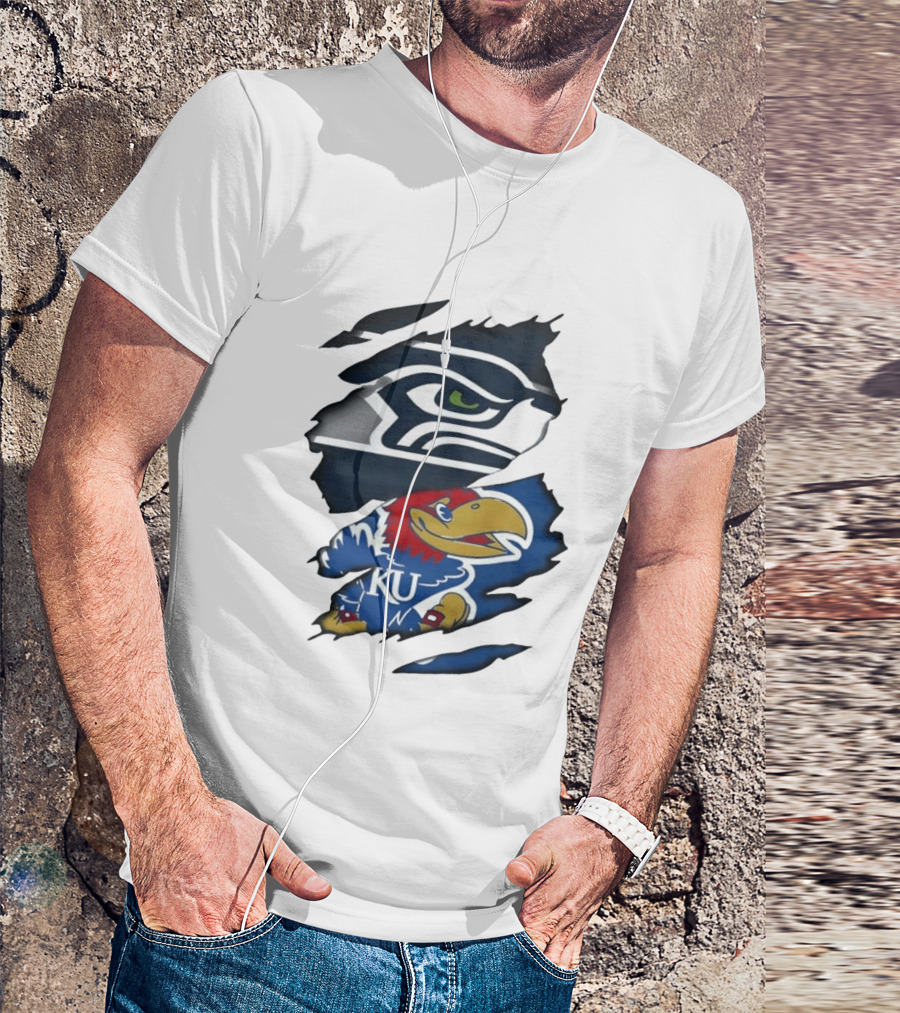 Seattle Seahawks And Kansas Jayhawks Torn Fabric Football And Basketball Fan Merchandise T-Shirt