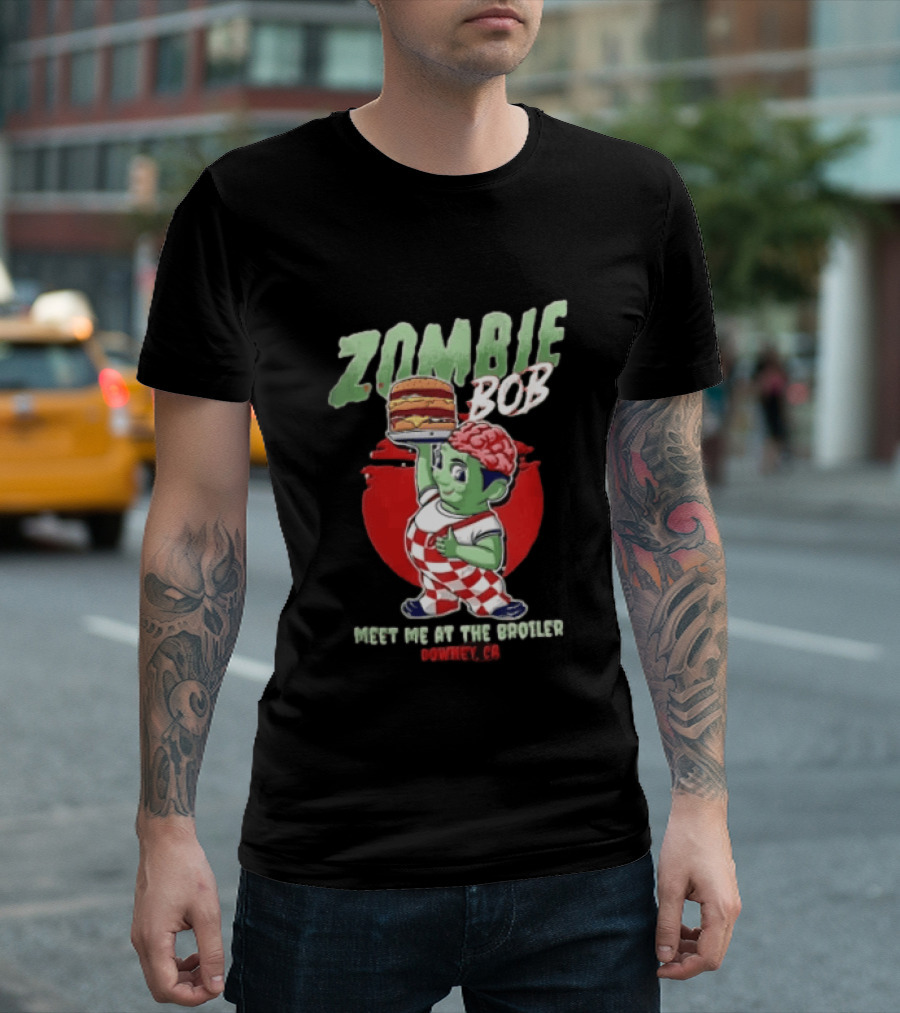 Zombie Bob Meet Me At The Broiler Downey CA Green With Exposed Brain T-Shirt