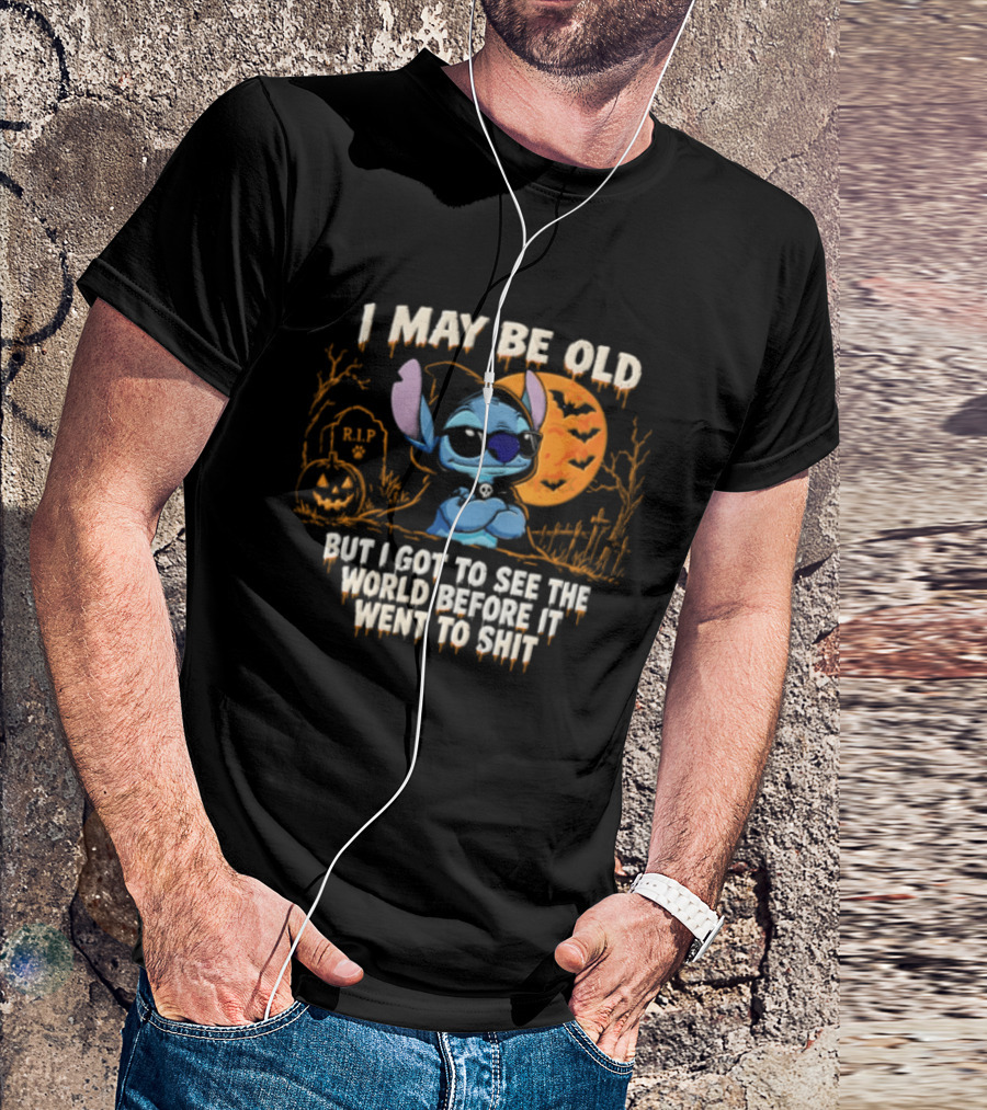 I May Be Old But I Got To See The World Before It Went To Shit Halloween RIP Pumpkin Bat Stitches T-Shirt