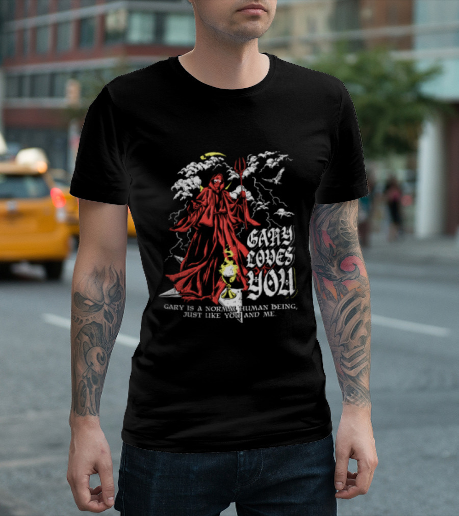 Gary Loves You Gary Is A Normal Human Being Just Like You And Me Red Cloaked Figure With Lightning And Clouds T-Shirt