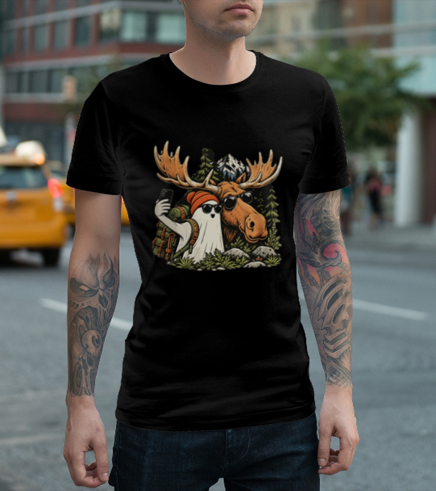 Ghost Backpack Selfie With Moose In Forest Adventure Scene T-Shirt