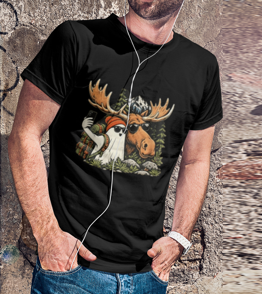 Ghost Backpack Selfie With Moose In Forest Adventure Scene T-Shirt