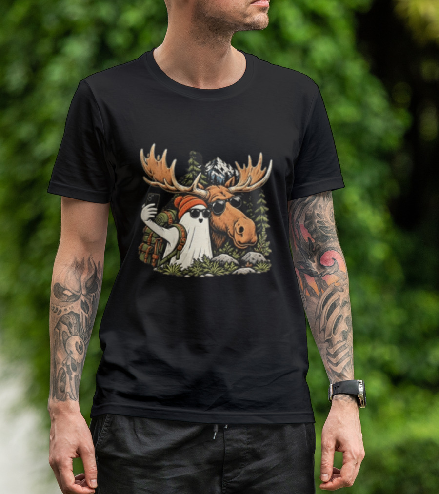 Ghost Backpack Selfie With Moose In Forest Adventure Scene T-Shirt