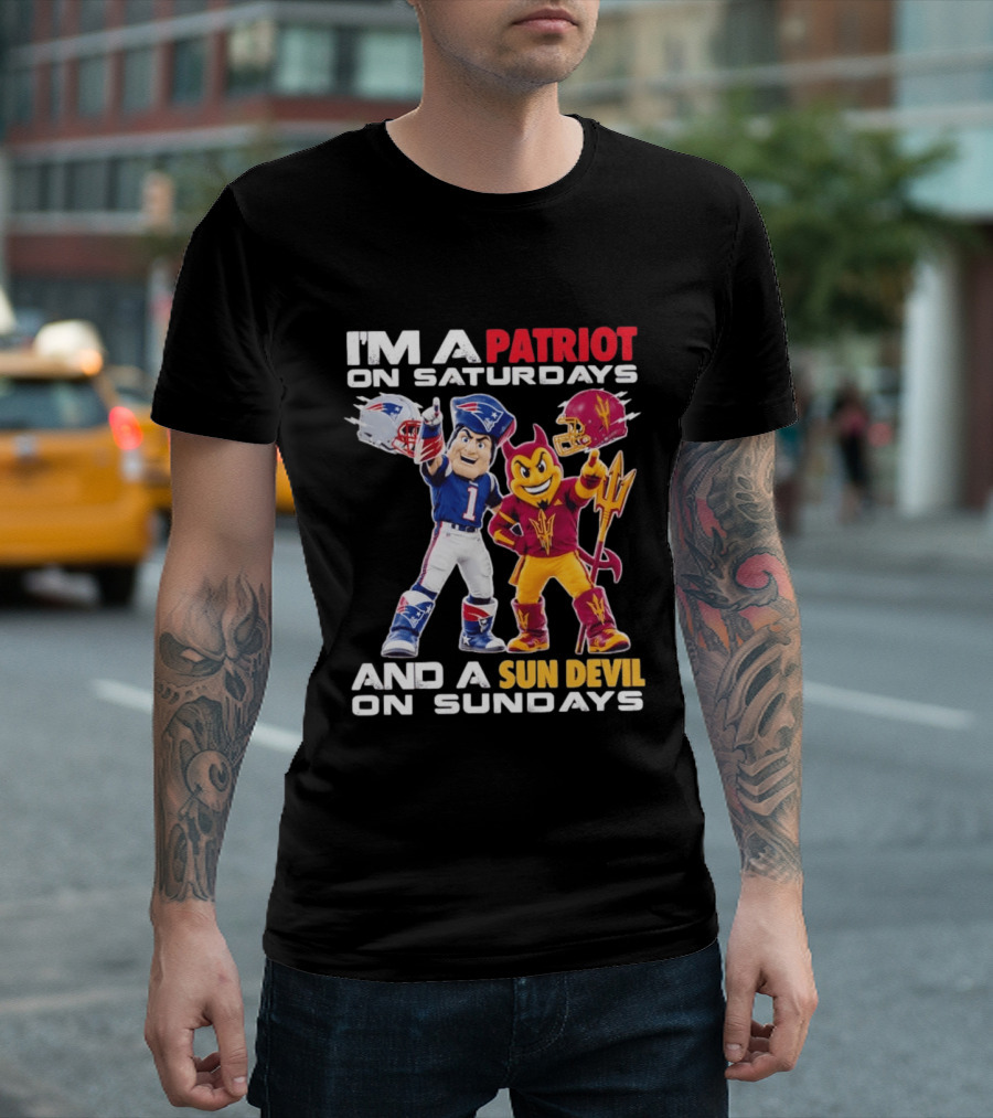 New England Patriots Arizona State Sun Devils I'm A Patriot On Saturdays And A Sun Devil On Sundays Football Mascots T-Shirt