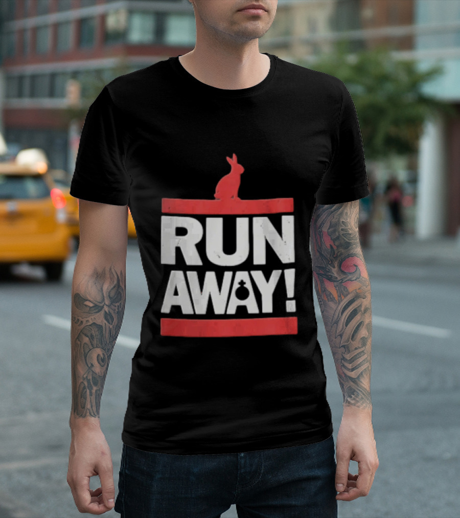 RUN AWAY Rabbit Bold Text And Red Accents T-Shirt