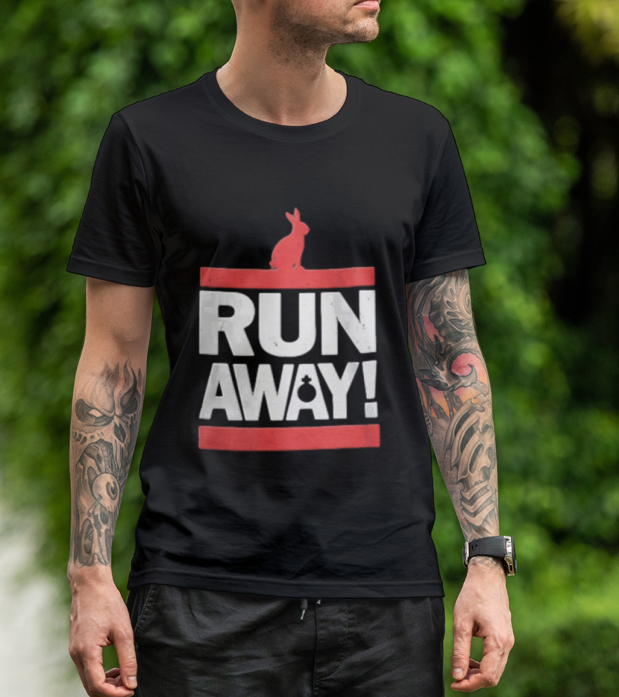 RUN AWAY Rabbit Bold Text And Red Accents T-Shirt