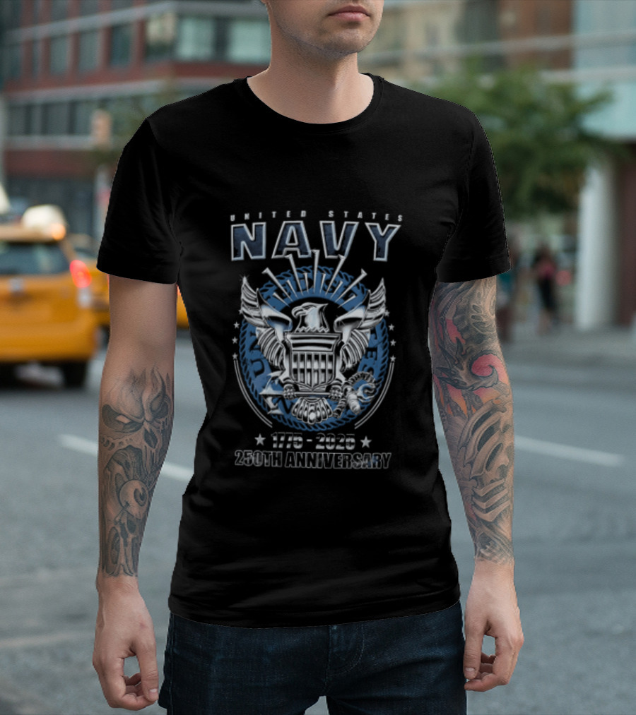 United States Navy 1775 2025 250th Anniversary Silver Eagle Holding Shield T-Shirt