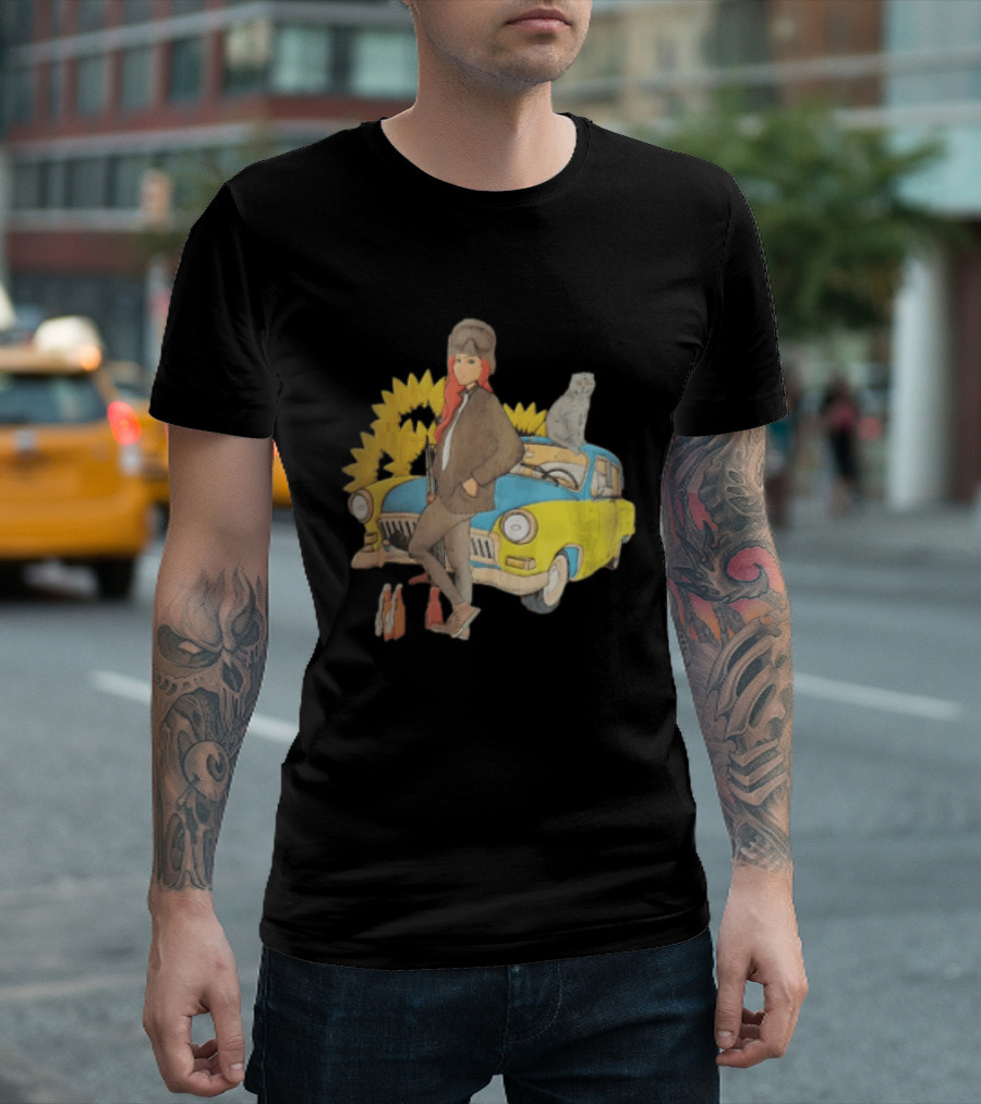 Woman Soldier With Cat On Vintage Car And Sunflowers T-Shirt
