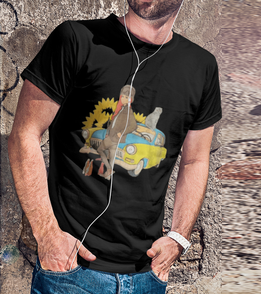 Woman Soldier With Cat On Vintage Car And Sunflowers T-Shirt