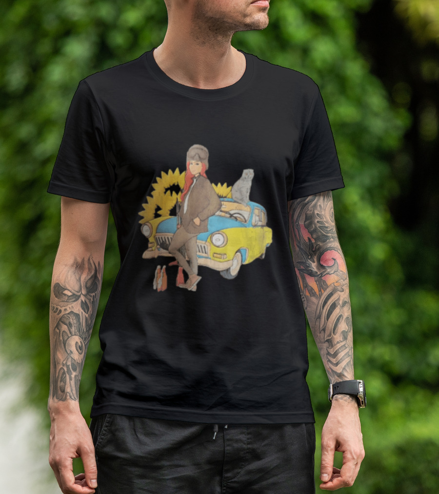Woman Soldier With Cat On Vintage Car And Sunflowers T-Shirt