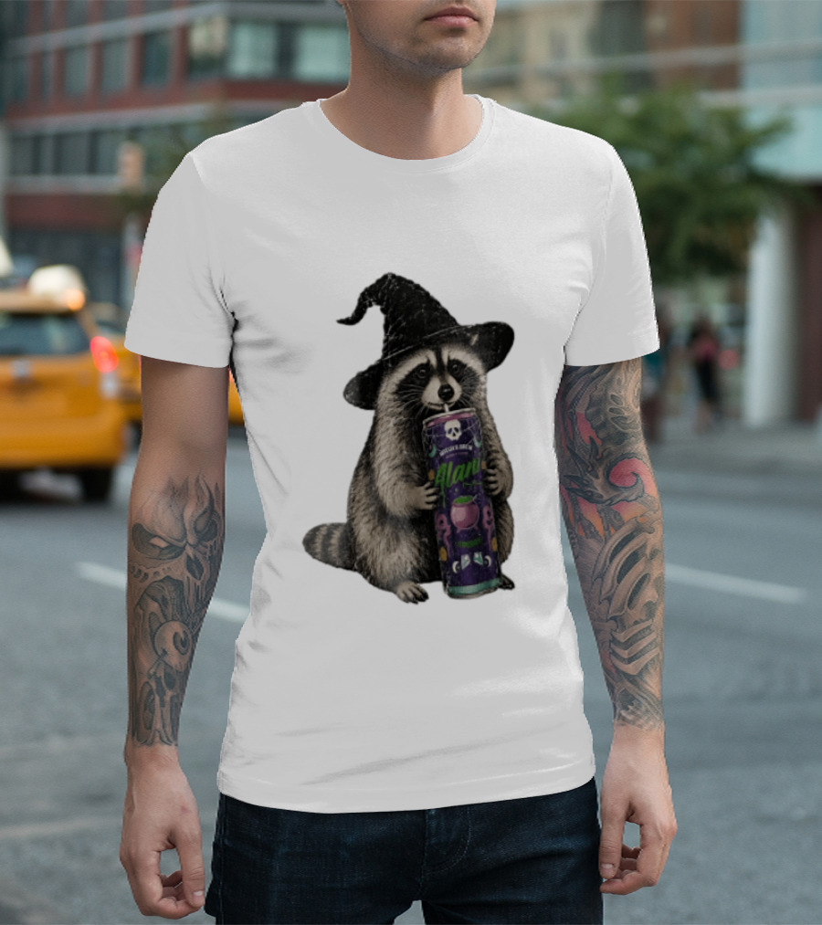 Alani Witches Brew Raccoon Witch Hat Can Holding T-Shirt