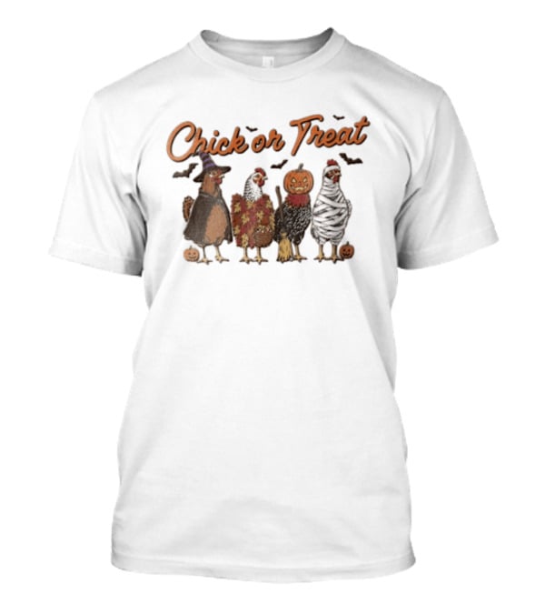 Chick Or Treat Halloween Chickens In Witch Mummy Pumpkin Costumes With Autumn Leaves And Bats T-Shirt