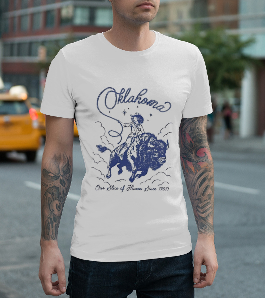 Oklahoma Our Slice Of Heaven Since 1907 Cowgirl Riding Buffalo T-Shirt