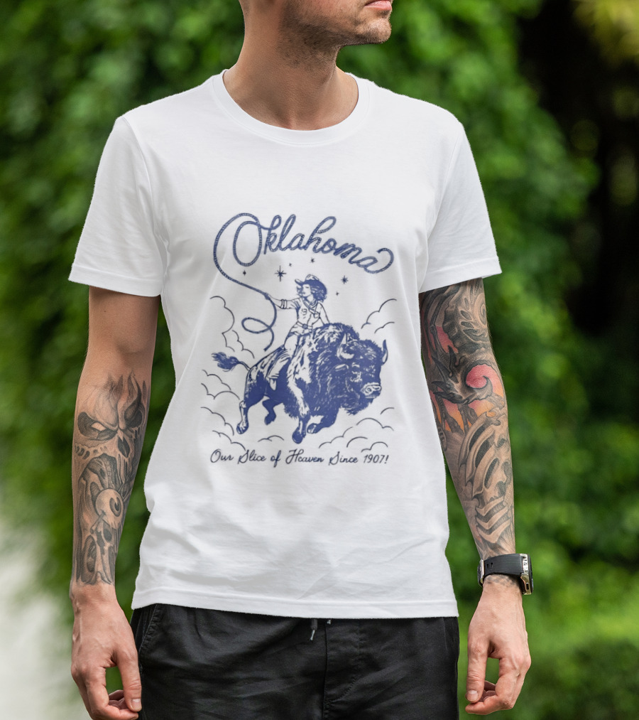 Oklahoma Our Slice Of Heaven Since 1907 Cowgirl Riding Buffalo T-Shirt