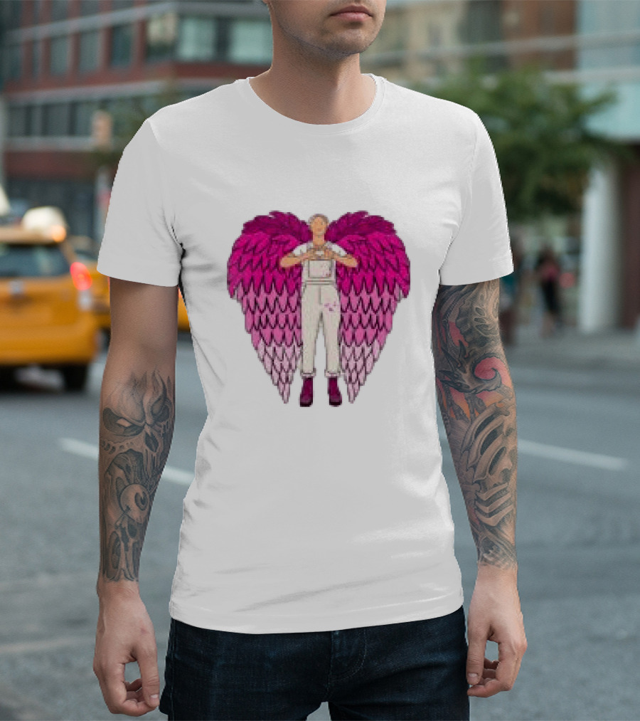 Plumes Store White Pink Winged Figure Overalls T-Shirt