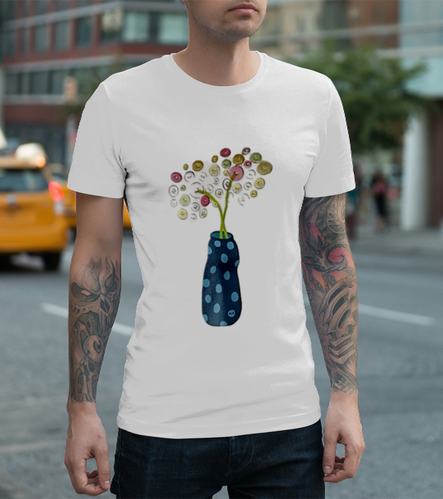 Polka Dot Vase With Colorful Button Flowers T-Shirt