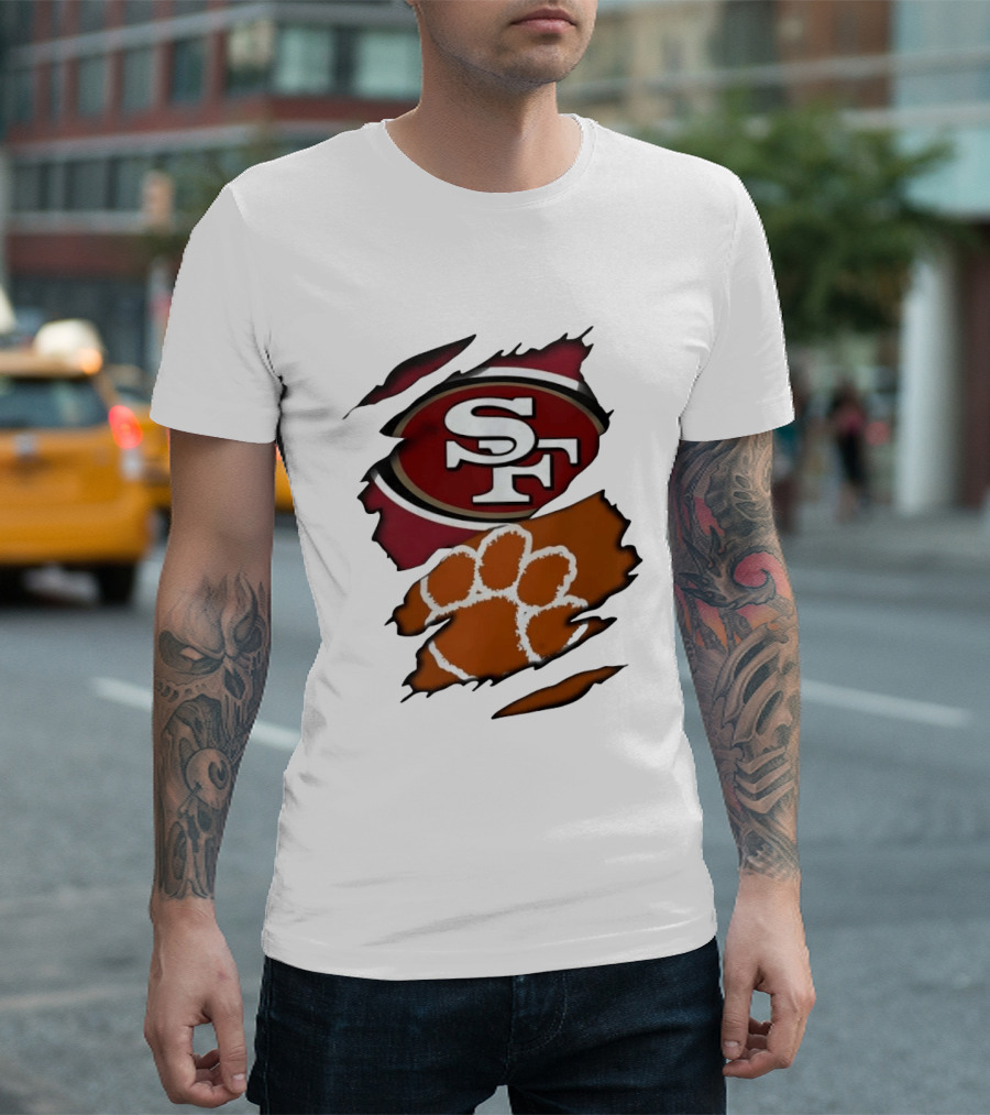 San Francisco 49ers SF And Clemson Tigers Paw Ripped Fabric T-Shirt