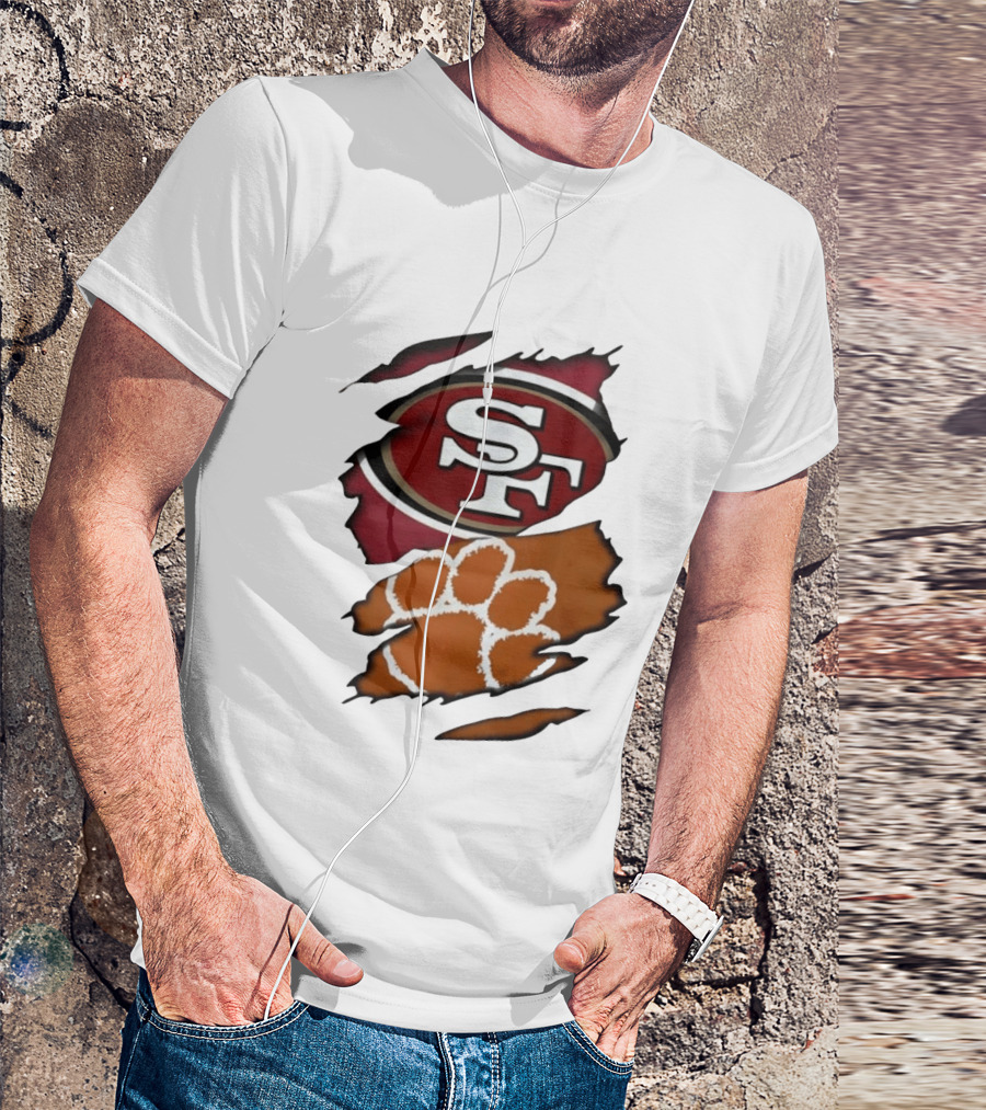 San Francisco 49ers SF And Clemson Tigers Paw Ripped Fabric T-Shirt